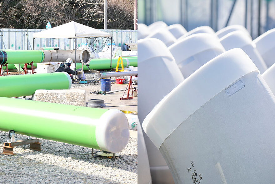 一部の配管は、現場事務所横の作業場で事前に加工。長さを調整したり、L字部の溶接を行ったりしてから埋設される