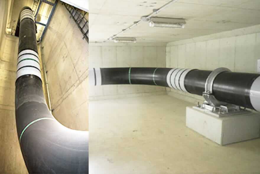 左：垂直にそびえる壁への配管。溶接をするまでの準備が難易度高右：3次元ループ室内配管状況
